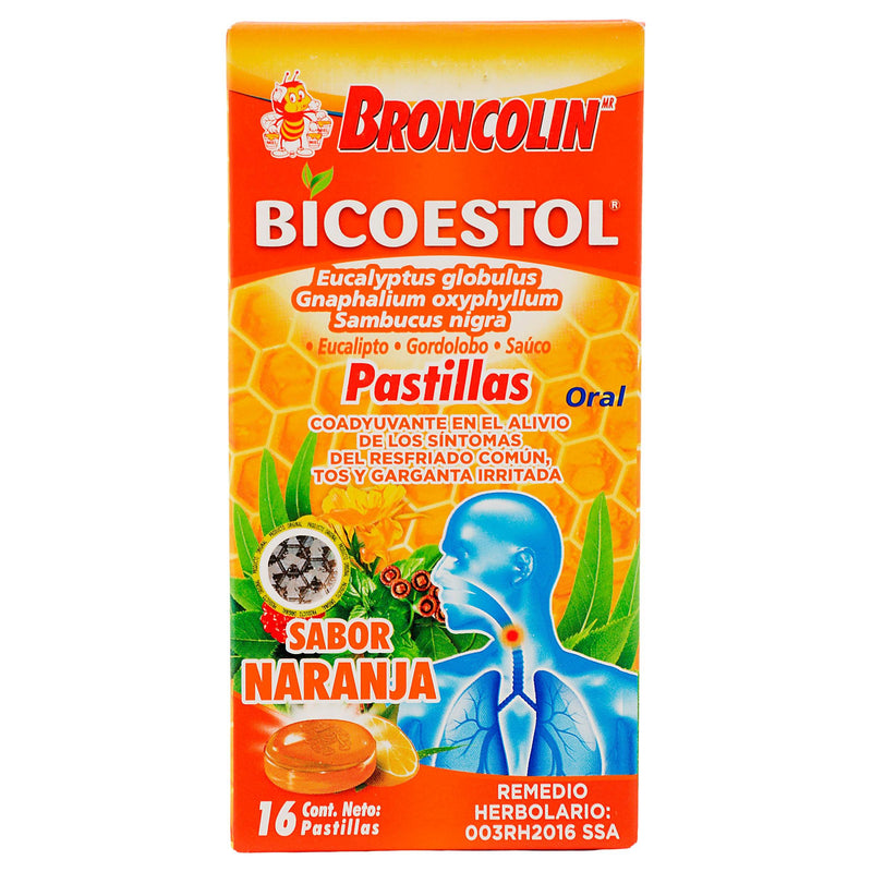 Broncolin Bicoestol Pastillas 2.5G Con 16 Naranja (Eucaliptus Globulus/Gnaphalium/Sambucus Nigra) - WeCare Pharma