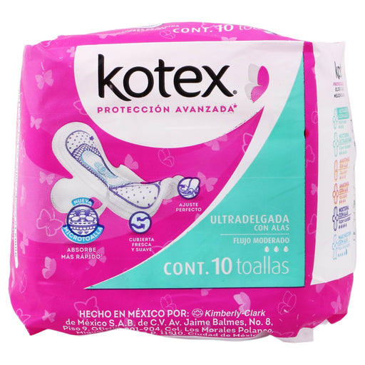 Toallas Kotex Ultradelgada Flujo Moderado Con Alas Con 10 - WeCare Pharma