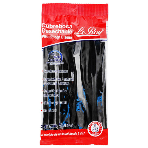 Cubrebocas Plisado Leroy Adulto Negro Con 5 - WeCare Pharma
