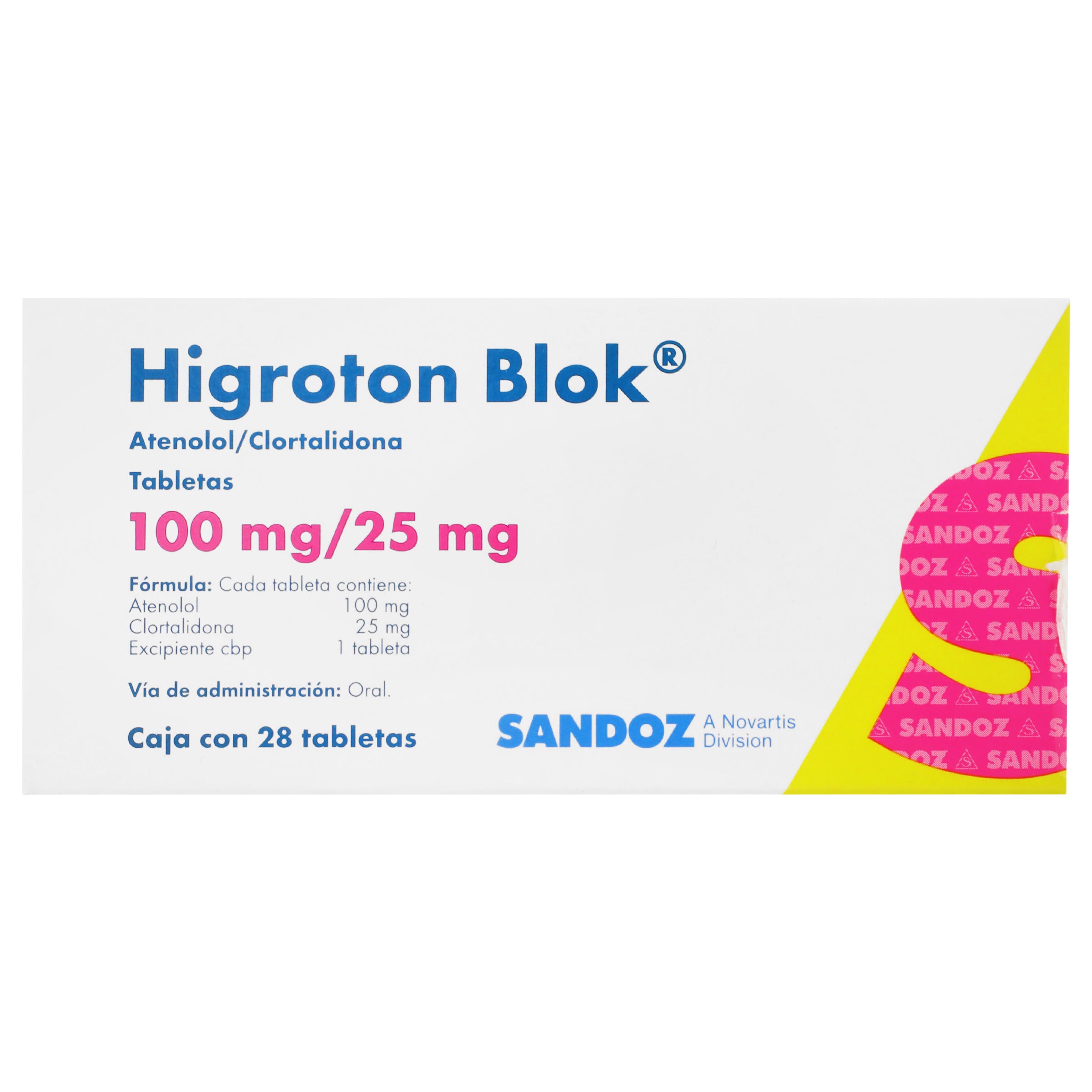 Higroton Blok 100Mg/25Mg Con 28 Tabletas (Atenolol/Clortalidona) 1 - 7502216930551