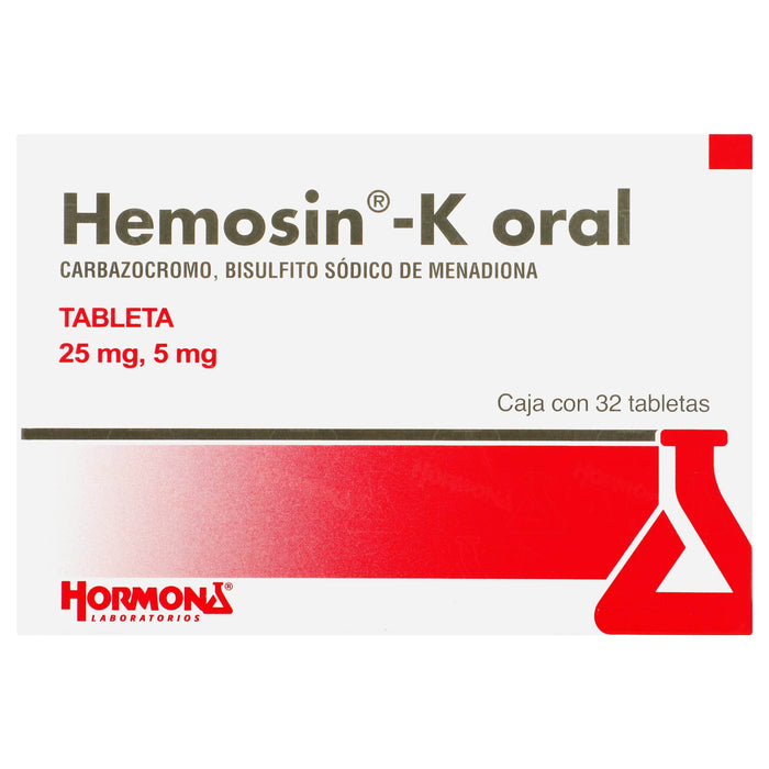 Hemosin-K Oral 25Mg/5Mg Con 32 Tabletas (Carbazocromo/ Bisulfito Sodico De Mediadiona) - WeCare Pharma