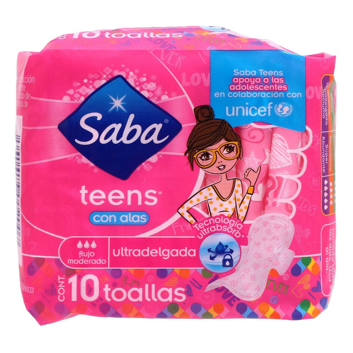 Toallas Saba Teens Ultradelgada Con Alas Con 10 - WeCare Pharma