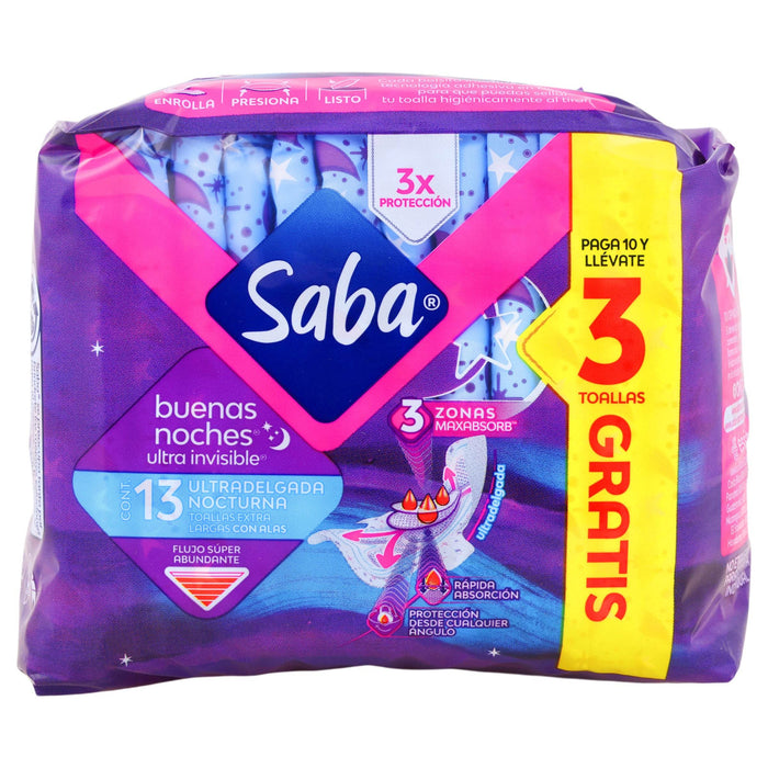 Toallas Saba Buenas Noches Ultradelgada Con Alas Con 10 - WeCare Pharma