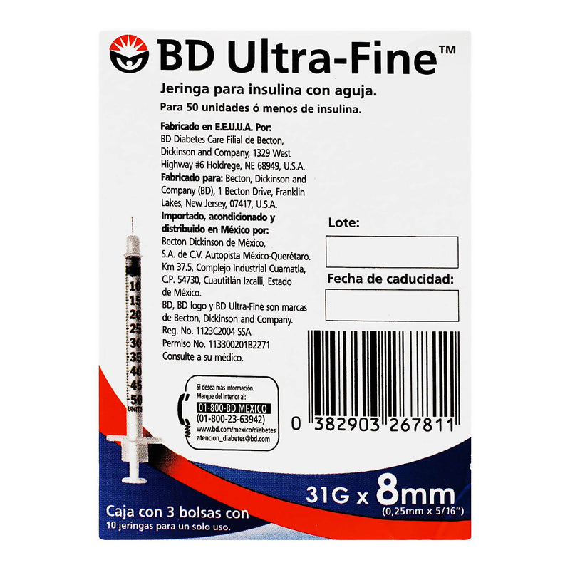 Jeringa Insulina Ultrafine Bd 0.5Ml 31Gx8Mm Con 30 - WeCare Pharma