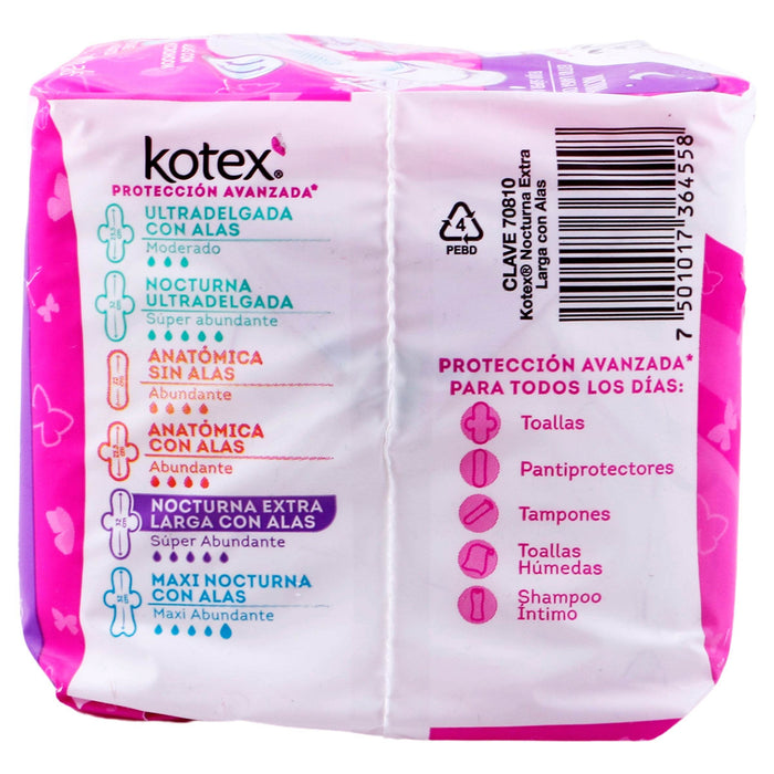 Toallas Kotex Nocturna Extra Larga Con Alas Con 10 - WeCare Pharma