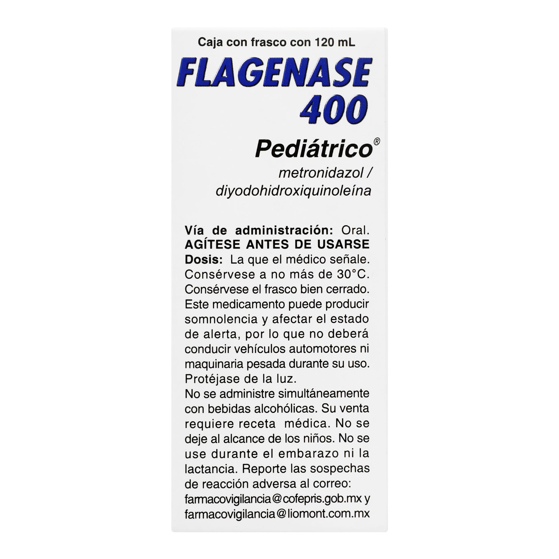 Flagenase 400 Suspensión 400Mg 120Ml (Metronidazol/Diyodohidroxiquinoleina) 4 - 7501299301128