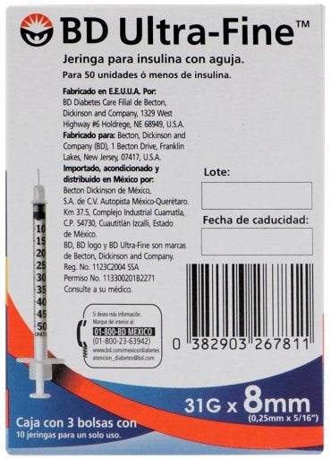 Jeringa Insulina Ultrafine Bd 0.5Ml 31Gx8Mm Con 30 - WeCare Pharma