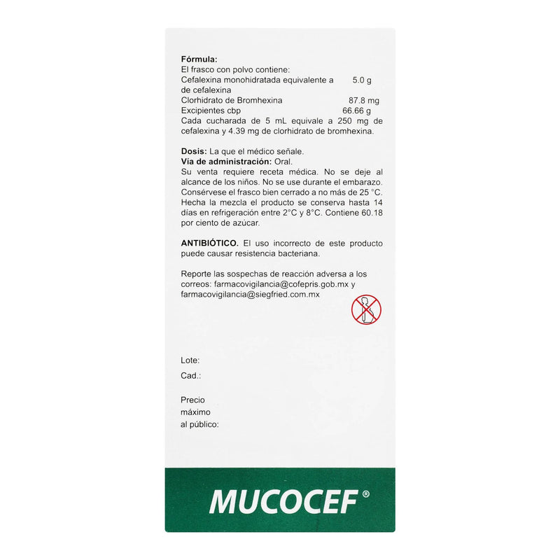 Mucocef (Cefalexina/Bromhexina) Suspensión 250Mg Con 100Ml - WeCare Pharma