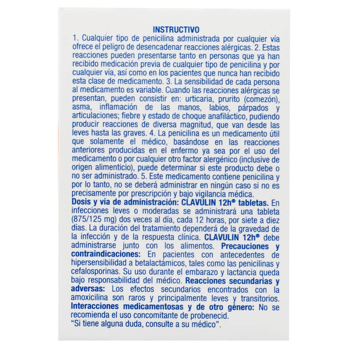 Clavulin 12H 875Mg/125Mg Con 15 Tabletas (Amoxicilina/Ac Clavulanico) - WeCare Pharma