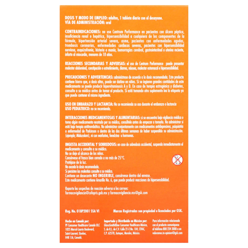 Centrum Performance Con 100 Tabletas (Multivitaminico/Complejo B/Ginkgo Biloba) - WeCare Pharma