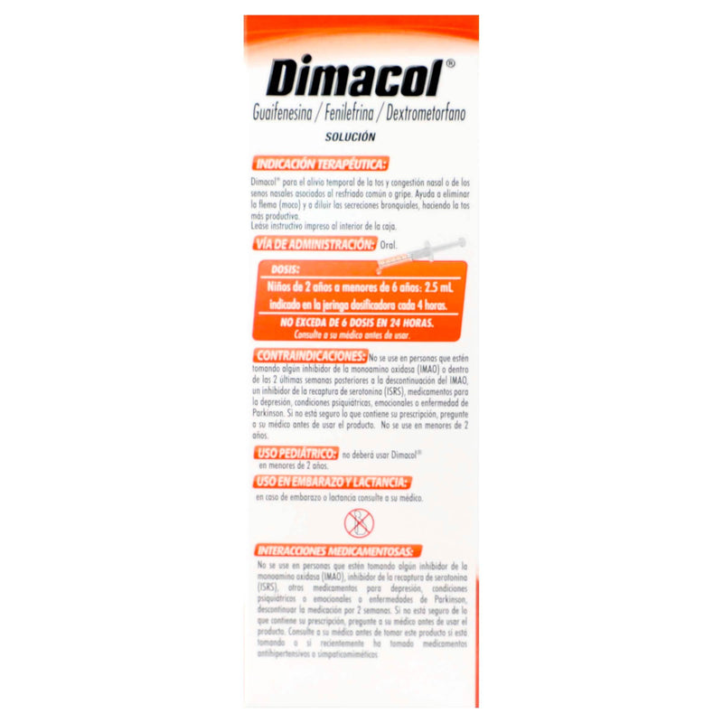 Dimacol Ped Solución 2G/100Mg/200Mg/100Ml 60Ml (Guaifesina/Fenilefrina/Dextrometorfano) - WeCare Pharma