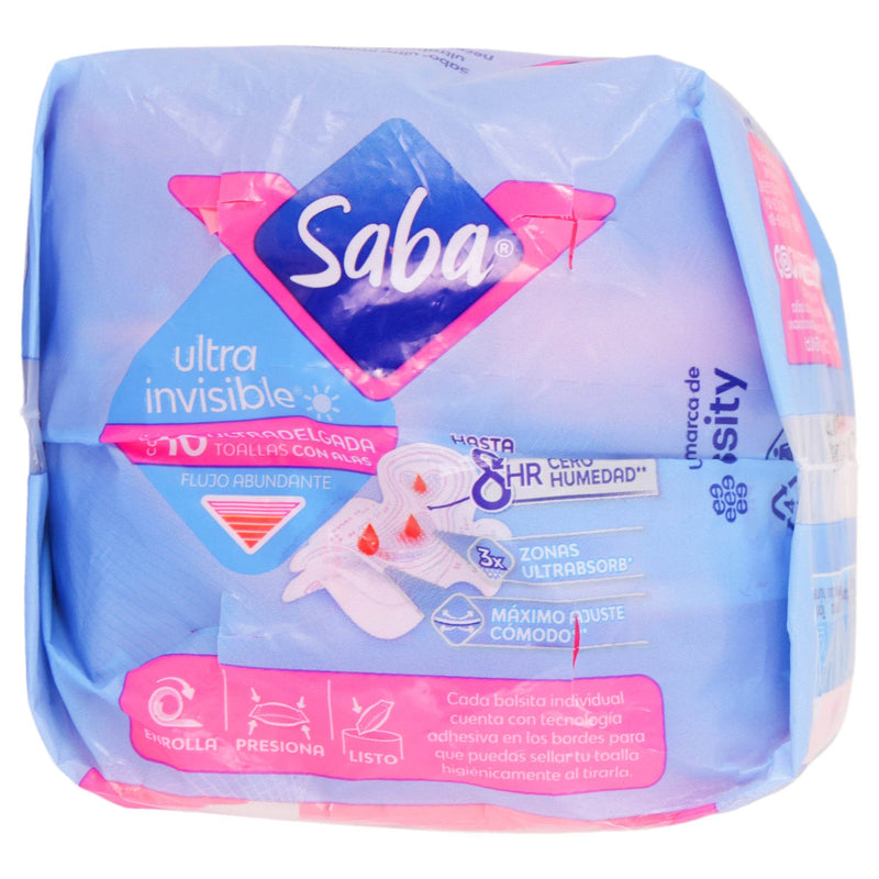 Toallas Saba Ultra Invisible Ultradelgada Con Alas Con 10 - WeCare Pharma