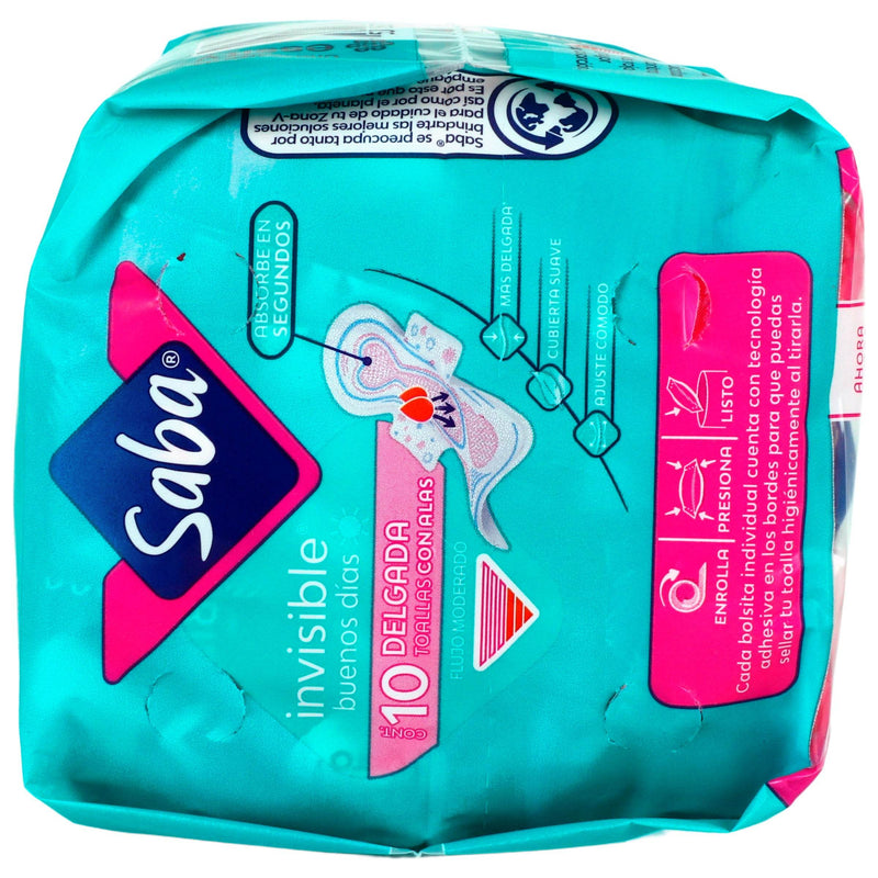 Toallas Saba Invisible Delgada Con Alas Con 10 - WeCare Pharma