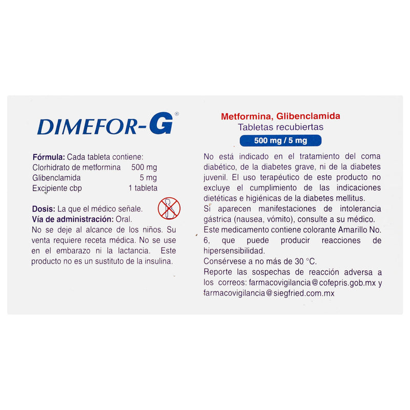 Dimefor-G 500Mg/5Mg Con 60 Tabletas (Metformina/Glibenclamida) - WeCare Pharma