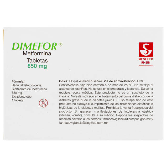 Dimefor 850Mg Con 60 Tabletas (Metformina) 5 - 7501300408976