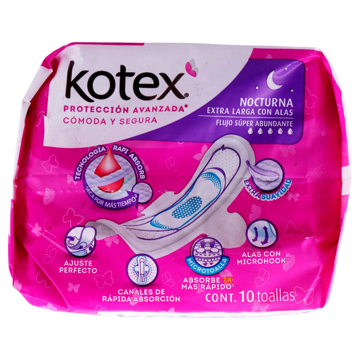 Toallas Kotex Nocturna Extra Larga Con Alas Con 10 - WeCare Pharma