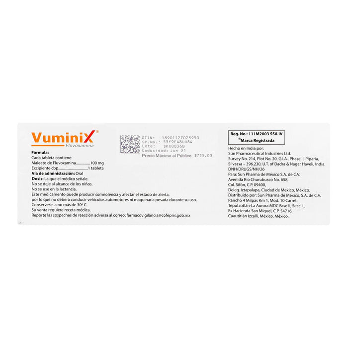 Vuminix 100Mg Con 15 Tabletas (Fluvoxamina) - WeCare Pharma