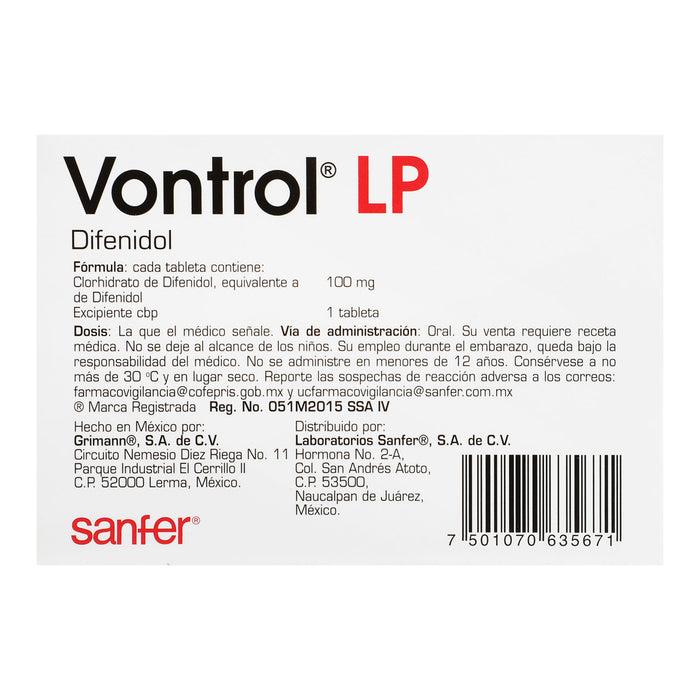 Vontrol Lp 100Mg Con 10 Tabletas (Difenidol) 5 - 7501070635671