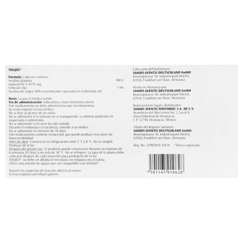 Toujeo Pluma 300Unid/Ml 1.5Ml Con 3 (Insulina Glargina) - WeCare Pharma