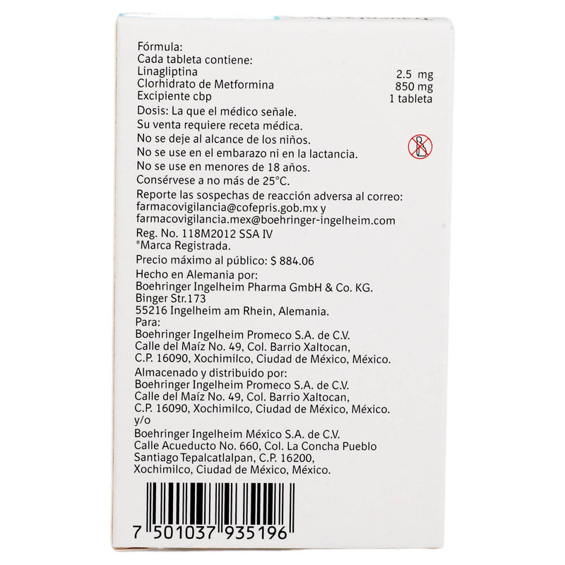Trayenta Duo 2.5Mg/850Mg Con 30 Tabletas (Linagliptina/Metformina) - WeCare Pharma