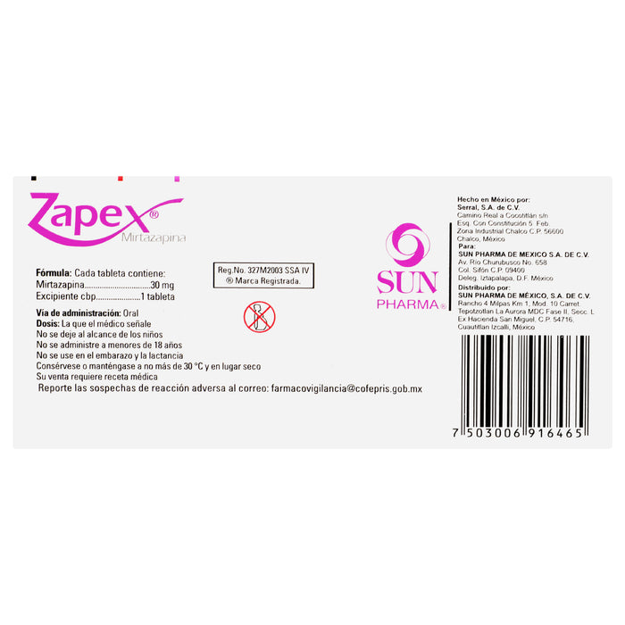 Zapex 30Mg Con 10 Tabletas (Mirtazapina) 6 - 7503006916465