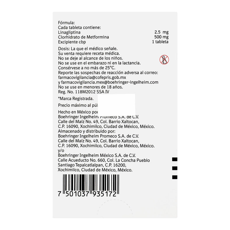 Trayenta Duo 2.5Mg/500Mg Con 30 Tabletas (Linagliptina/Metformina) - WeCare Pharma