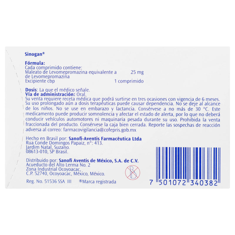 Sinogan (Levomepromazina) Tabletas 25Mg Con 20 - WeCare Pharma
