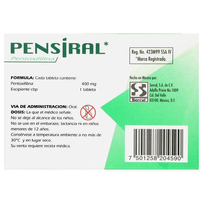 Pensiral 400 Mg Con 30 Tabletas (Pentoxifilina) - WeCare Pharma