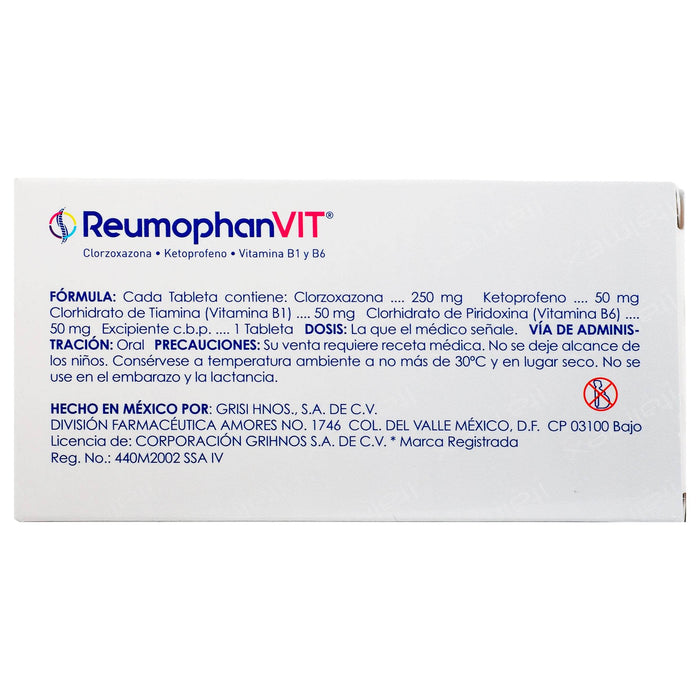 Reumophan Vit 250Mg/50Mg/50Mg/50Mg Con 20 Tabletas (Clorz/Ketop/Tiamina/Pirido) - WeCare Pharma