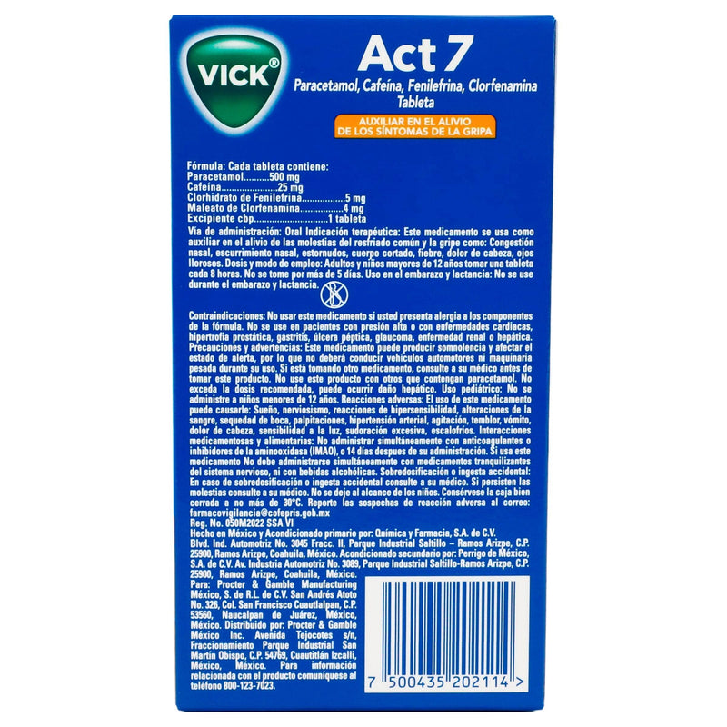 Vick Act 7 500Mg/25Mg/5Mg/4Mg Con 10 Tabletas (Paracetamol/Cafeina/Fenilefrina/Clorfenamina) - WeCare Pharma