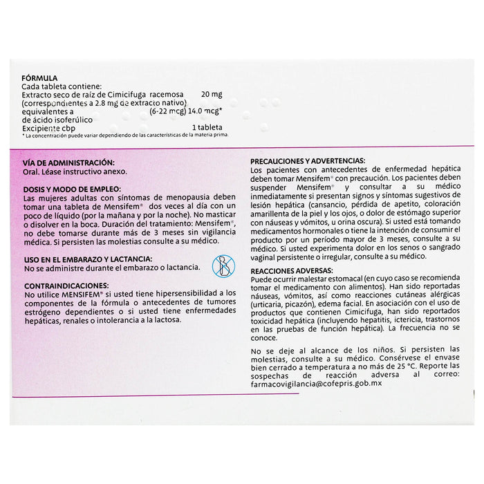 Mensifem 20Mg Con 30 Tabletas (Cimicifuga Racemosa) - WeCare Pharma