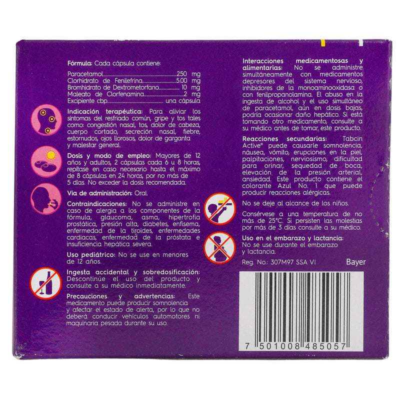 Tabcin Active Con 12 Capsulas (Paracetamol/Fenilefrina/Dextrometorfano/Clorfenamina) - WeCare Pharma