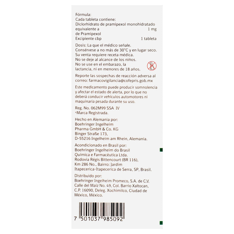 Sifrol 1Mg Con 30 Tabletas (Pramipexol) - WeCare Pharma