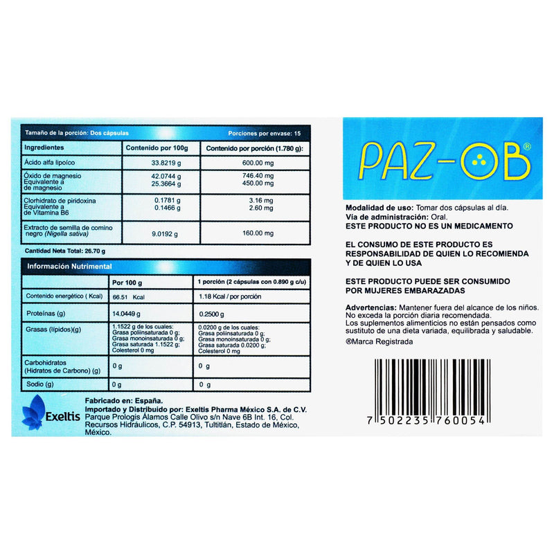 Paz-Ob 26.61G Con 30 Capsulas (Magnesio/Acido Alfa Lipoico/Vitamina B) - WeCare Pharma
