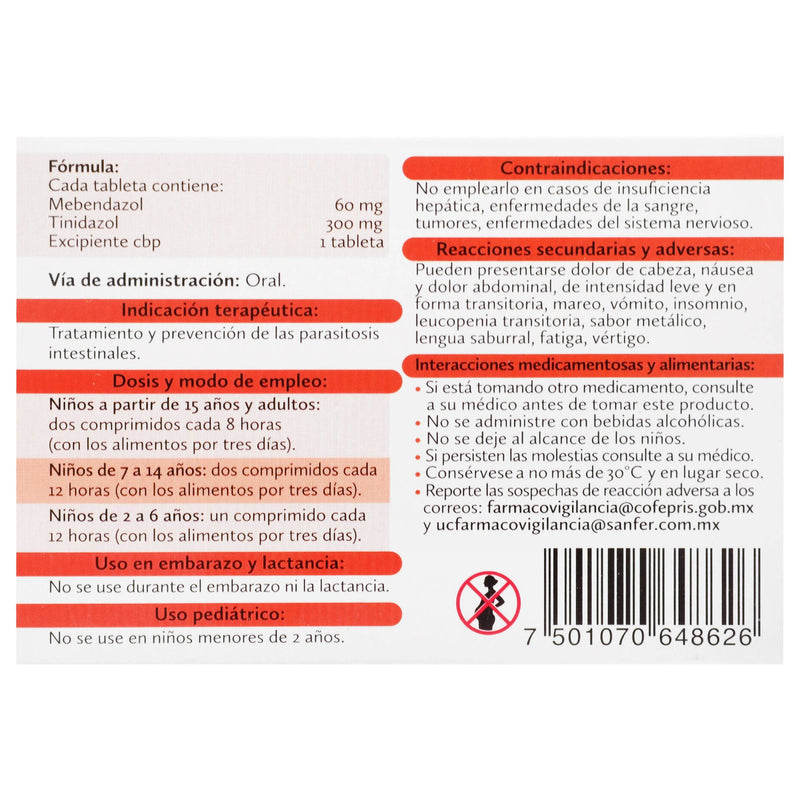 Mebeciclol 300Mg/60Mg Con 18 Tabletas (Tinidazol/Mebendazol) - WeCare Pharma