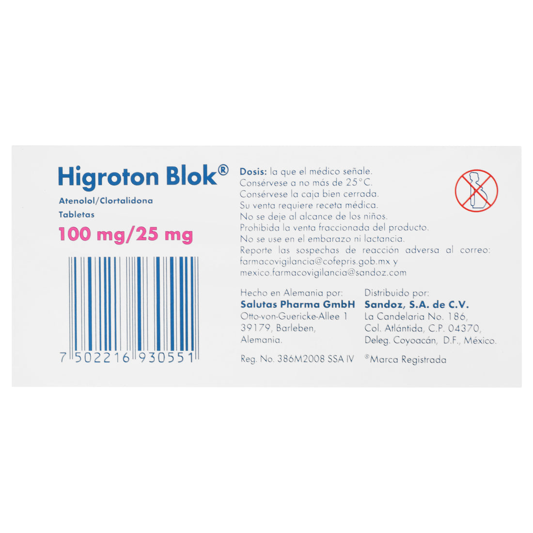 Higroton Blok 100Mg/25Mg Con 28 Tabletas (Atenolol/Clortalidona) 6 - 7502216930551