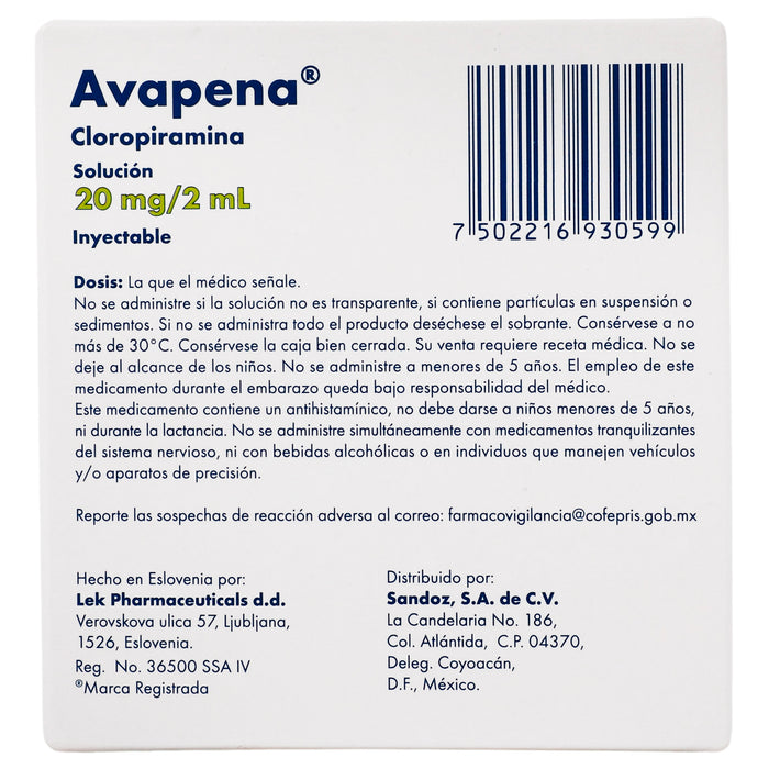 Avapena 20Mg/2Ml Con 5 Ampulas (Cloropiramina) 6 - 7502216930599