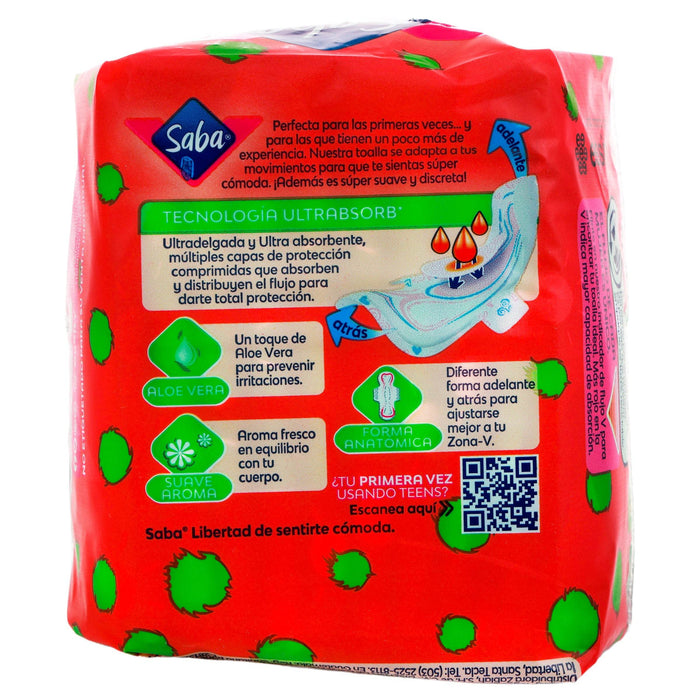 Toallas Saba Teens Ultradelgada Larga Con Alas Con 10 - WeCare Pharma