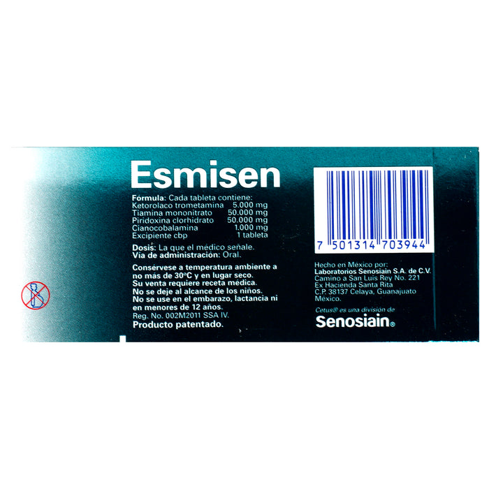 Esmisen 5Mg/50Mg/50Mg/1Mg Con 30 Tabletas (Ketorolaco/Tiamina/Piridoxina/Cianocobalamina) 7 - 7501314703944