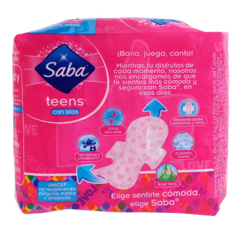Toallas Saba Teens Ultradelgada Con Alas Con 10 - WeCare Pharma