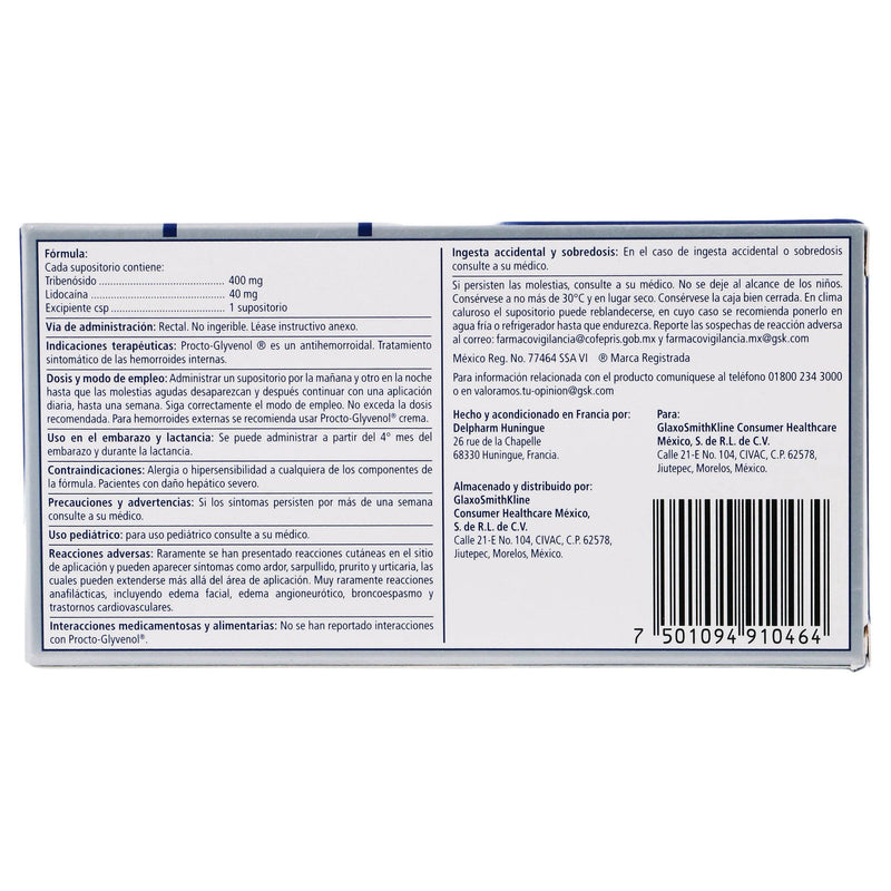 Procto-Glyvenol Supositorio 400/40Mg Con 5 (Tribenosido/Lidocaina) - WeCare Pharma