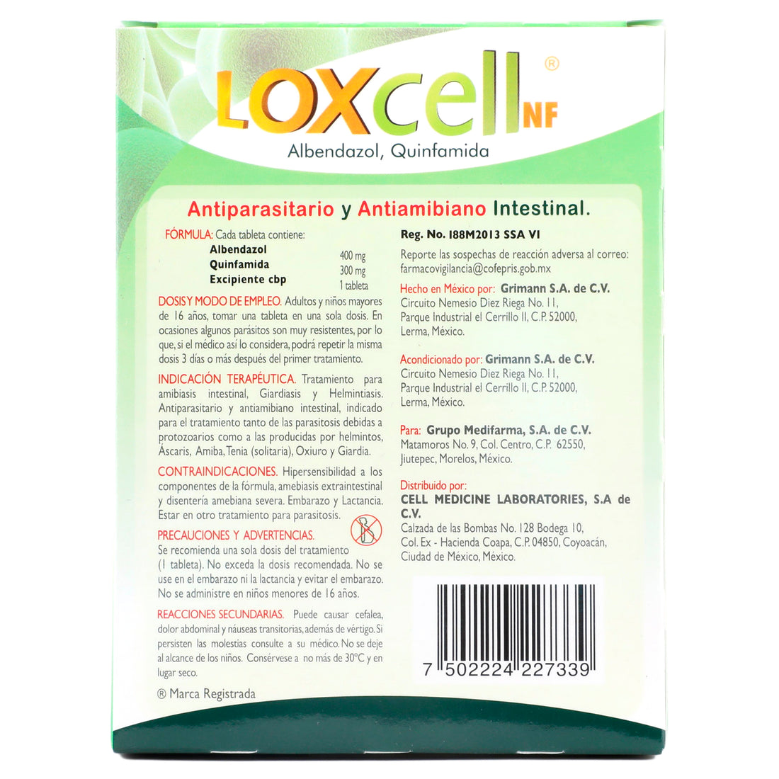 Loxcell Adulto 400Mg/300Mg Con 1 Tabletas (Albendazol/Quinfamida) 6 - 7502224227339