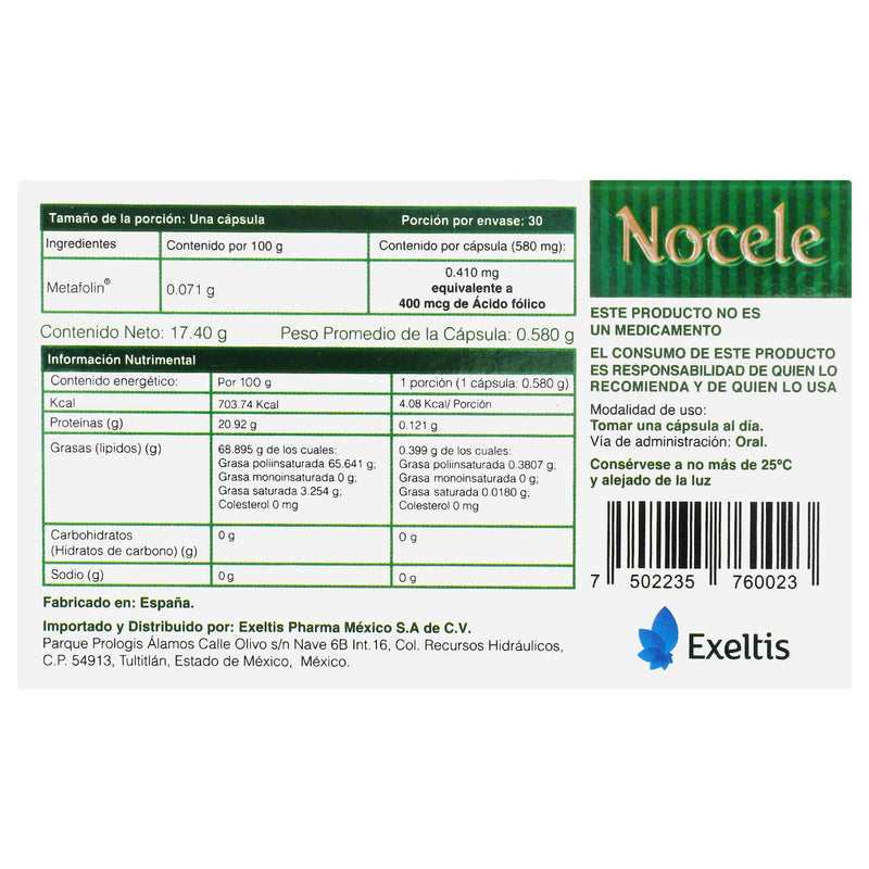 Nocele 17.4G Con 30 Capsulas (Ac Folico/Metafolin) - WeCare Pharma