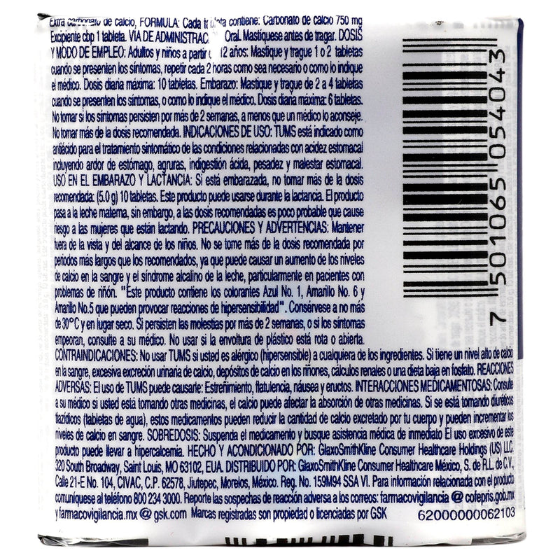 Tums Mast 750Mg 3Rollos Con 8 Tabletas (Carbonato De Calcio) - WeCare Pharma