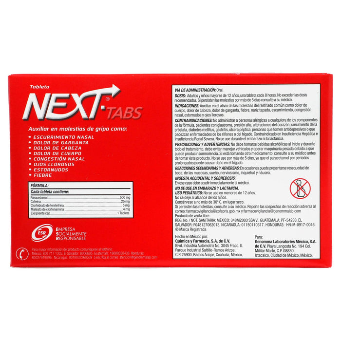 Next Tabletas 500Mg/25Mg/5Mg/4Mg Con 20 Tabletas (Paracetamol/Cafeina/Fenilefrina/Clorfenamina) - WeCare Pharma