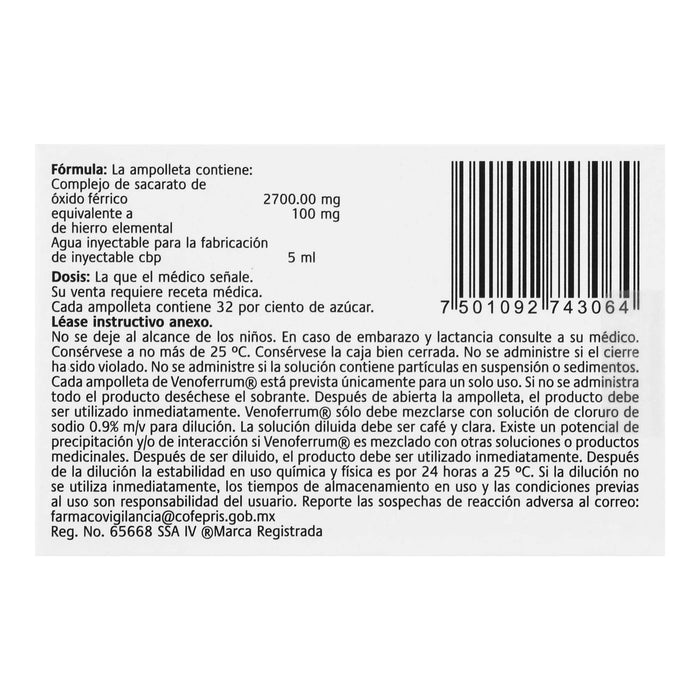 Venoferrum 100Mg/5Ml Con 1 Ampulas (Sacarato Ferrico) - WeCare Pharma