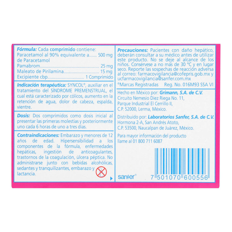 Syncol 500Mg/25Mg/15Mg Con 24 Comprimidos (Paracetamol/Pamabrom/Pirilamina) - WeCare Pharma