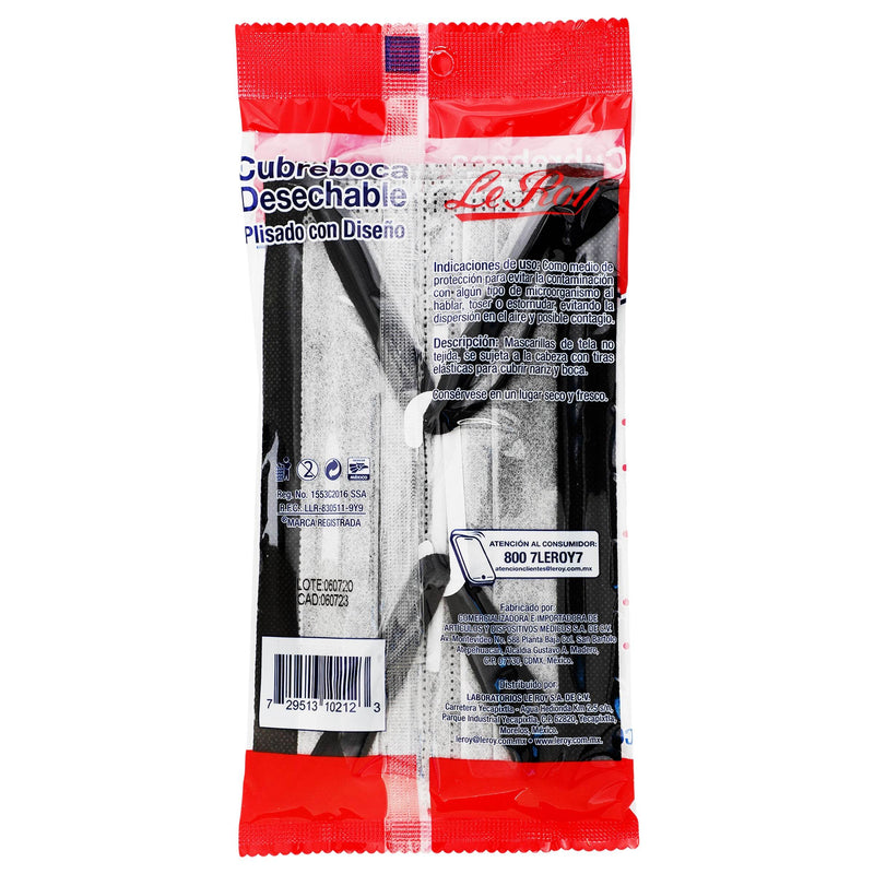Cubrebocas Plisado Leroy Adulto Negro Con 5 - WeCare Pharma
