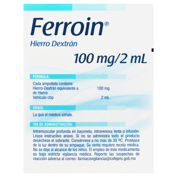 Ferroin 100Mg/2Ml Con 3 Ampulas (Hierro Dextrano) - WeCare Pharma