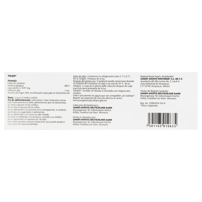 Toujeo Pluma 300Unid/Ml 1.5Ml Con 1 (Insulina Glargina) - WeCare Pharma